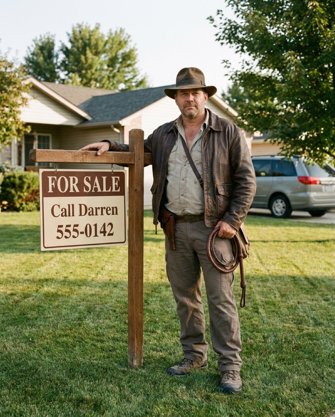 Darren Bolstad, 'Doc', next to a 'Call Darren' for-sale sign in front of a house