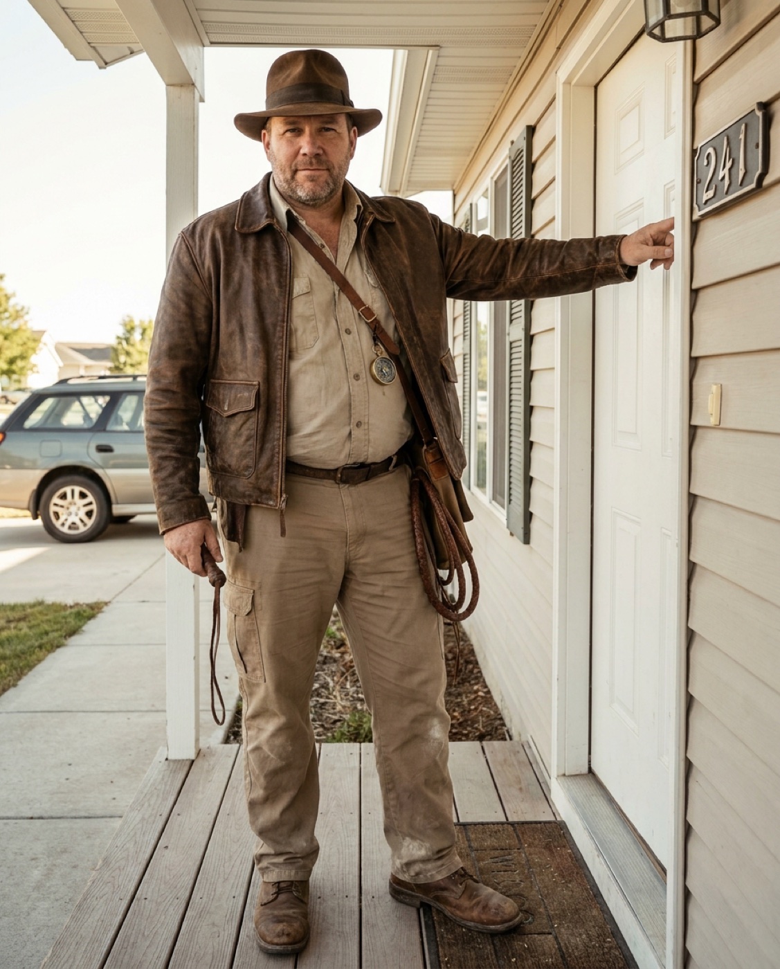 Doc on a suburban front porch, pointing decisively