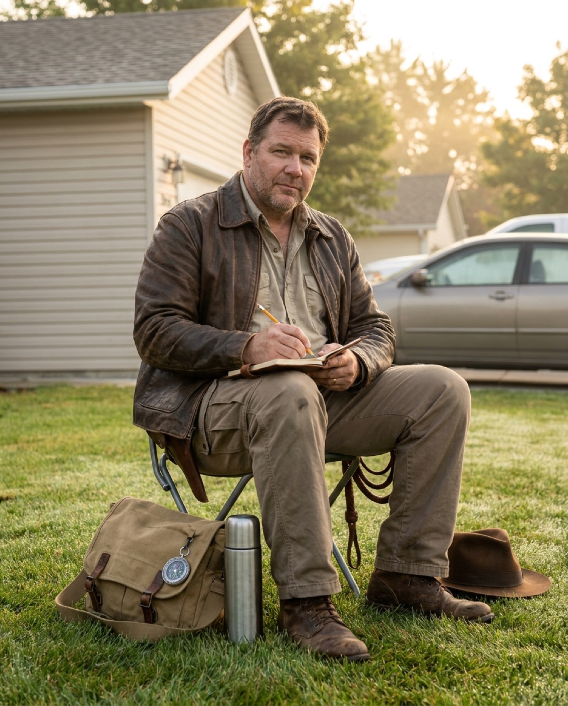 Doc holding vigil from a folding chair on the front lawn at dawn