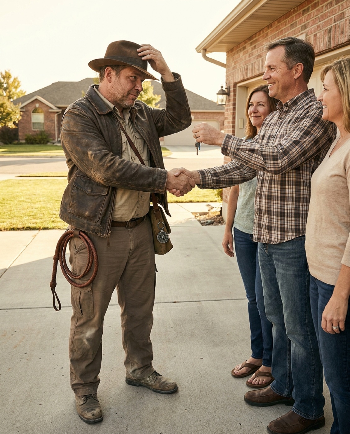 Doc handing house keys back to a relieved homeowner couple